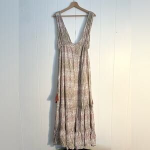Fate paisley maxi dress bohemian neutral tan deep v vacation spring summer